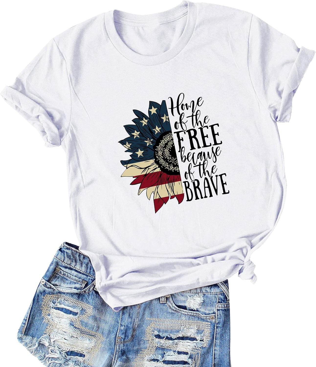 WLLW Women Summer Home of The Free Letter Print Independence Day T-Shirt Top
