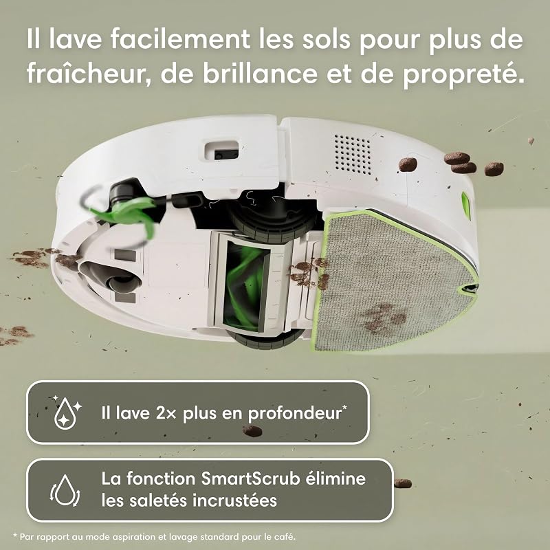 Roomba 115 Combo+Base AutoEmpty - Robot Aspirateur Laveur 2en1 - Puissance d'Aspiration 15KPa - Brosse latérale étendue - Lingette de Lavage déportée - Navigation LiDAR - Blanc