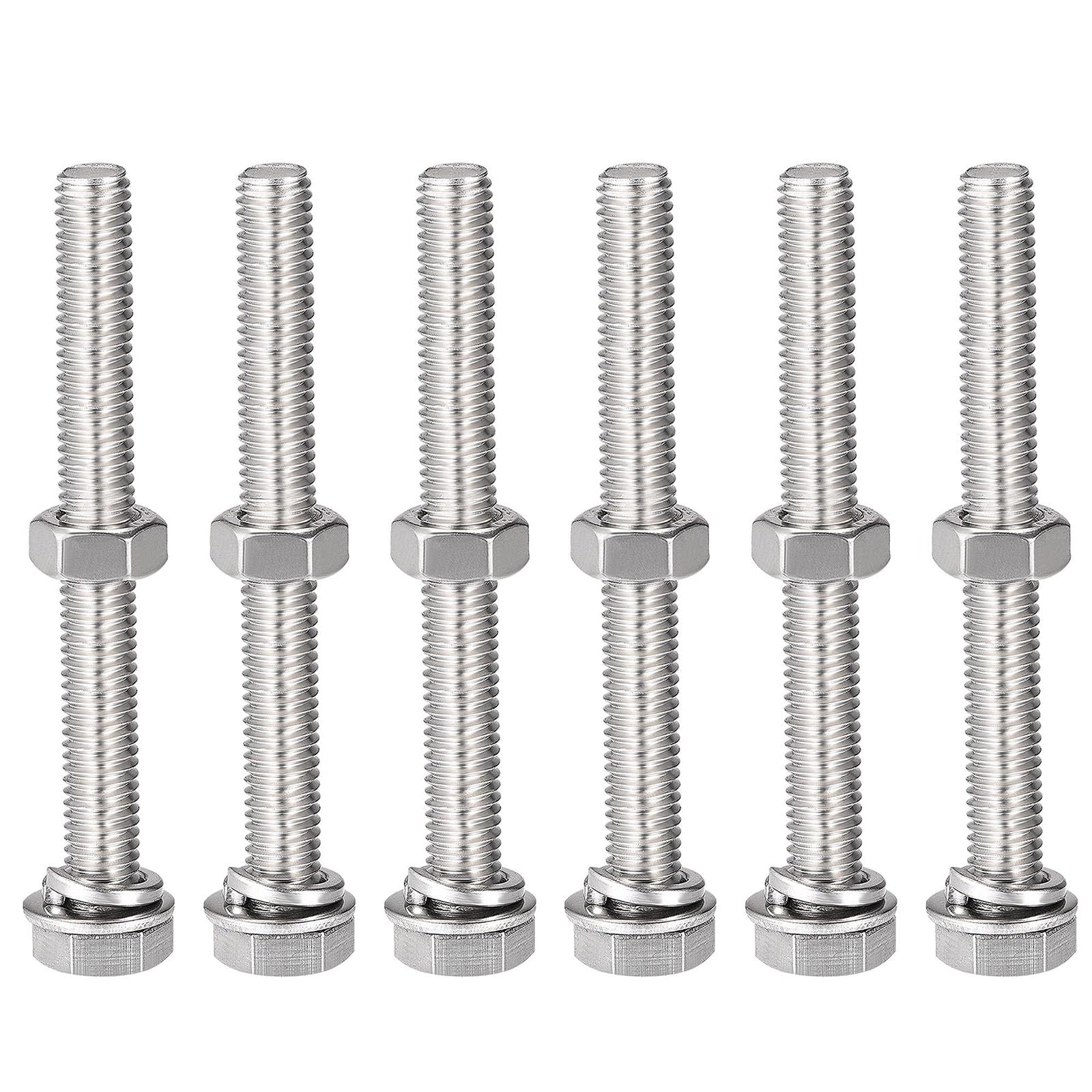 TOP-VIGOR 6Pcs M8 x 70mm Hex Head Screws Bolts, Nuts, Flat & Lock Washers Kits, 304 Stainless Steel Fully Thread Hexagon Bolts for DIY Bike Motorcycles Repair