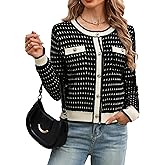 ELLEVEN Women's Cropped Tweed Knit Cardigan Sweater,Trendy Open Front Button Up Long Sleeve Cardigans with Pockets