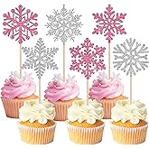 24 Pack Glitter Snowflake Cupcake Toppers and Picks - Winter Frozen Cake Decorations for Christmas, Baby Shower, Kids Birthday Party Supplies - Pink/Silver