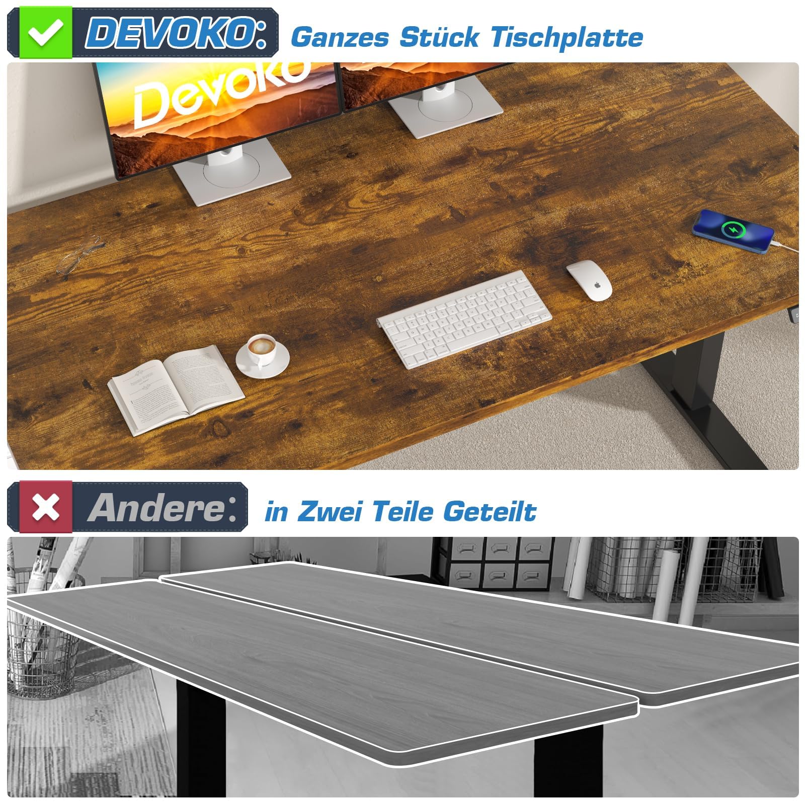 Devoko Höhenverstellbarer Schreibtisch mit 2 Motoren，25mm Einteilige Tischplatte, 160x80 cm Mobiler Elektrisch Computertisch mit Kabel Management, Vintagebraun - Perfekte Ergonomie für Dein Büro 4