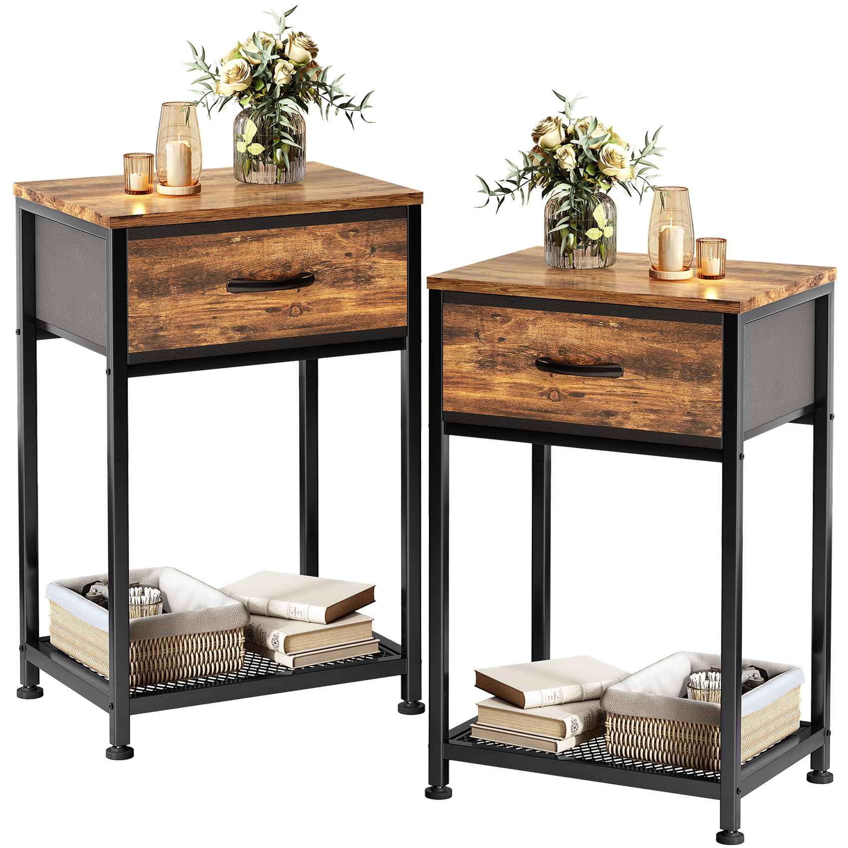 Photo 1 of Kitstorack Night Stands Set of 2,End Tables with Drawer for Bedroom Bed Side Table for Home, Rustic Brown Wood Night Stand Bedroom Nightstands Bedside Table Set of 2