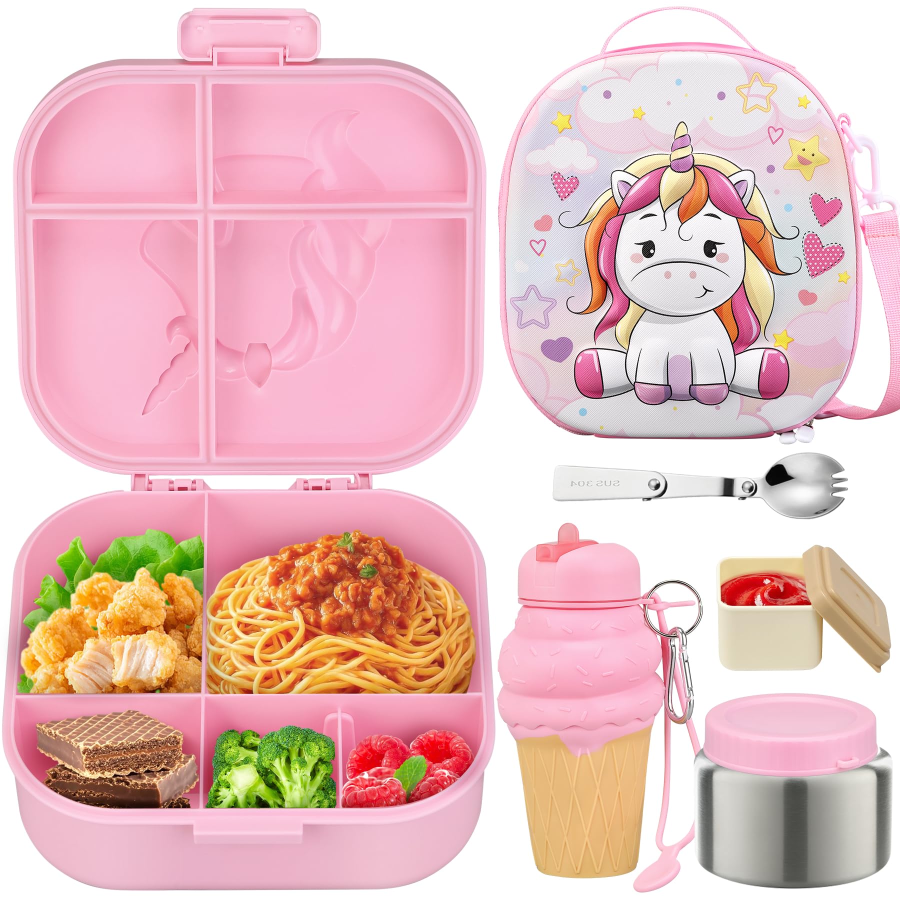 Photo 1 of Aimsnk Kids Lunch Box Set -12oz Insulated Food Jar, Thermal Bag,Leakproof Lunch Food Containers Cutlery (BPA Free)-Gift for Girls/Boys Age 3-10 (Pink)