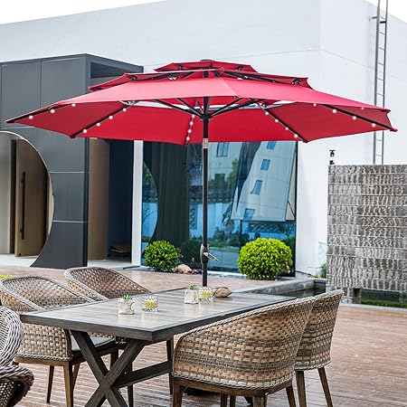 Amazon Com 10ft 3 Tiers Patio Umbrella With Lights Windproof Outdoor Market Umbrella Large Waterproof Table Umbrella With Tilt And Crank Red Garden Outdoor