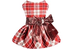 KOSIYI Dog Christmas Sweater Christmas Dog Clothes for Small Dogs Girl Winter Dog Sweater Dress - Puppy Clothes Princess Plaid Dress - Pet Holiday Festival Outfits Apparel Clothing, Small, Red, 6-9lb