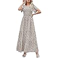 Kranda Women's Smocked Floral Maxi Dress - Short Sleeve Crewneck Summer Dress, Green Floral, Small