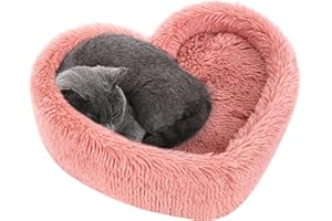 Lcybem Cat Beds for Indoor Cats - Heart Cat Bed with Removable Washable Cushioned Pillow, Fits Cats up to 30 lbs or Puppy Bed for Small Dogs, Faux Fur Self Warming Pet Bed Non-Slip Cat House, Pink
