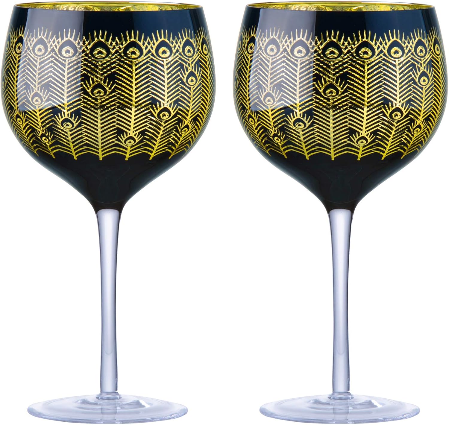 Artland, Midnight Peacock Gin Glasses, Gold & Black, Set of 2-700ml Capacity Per Glass