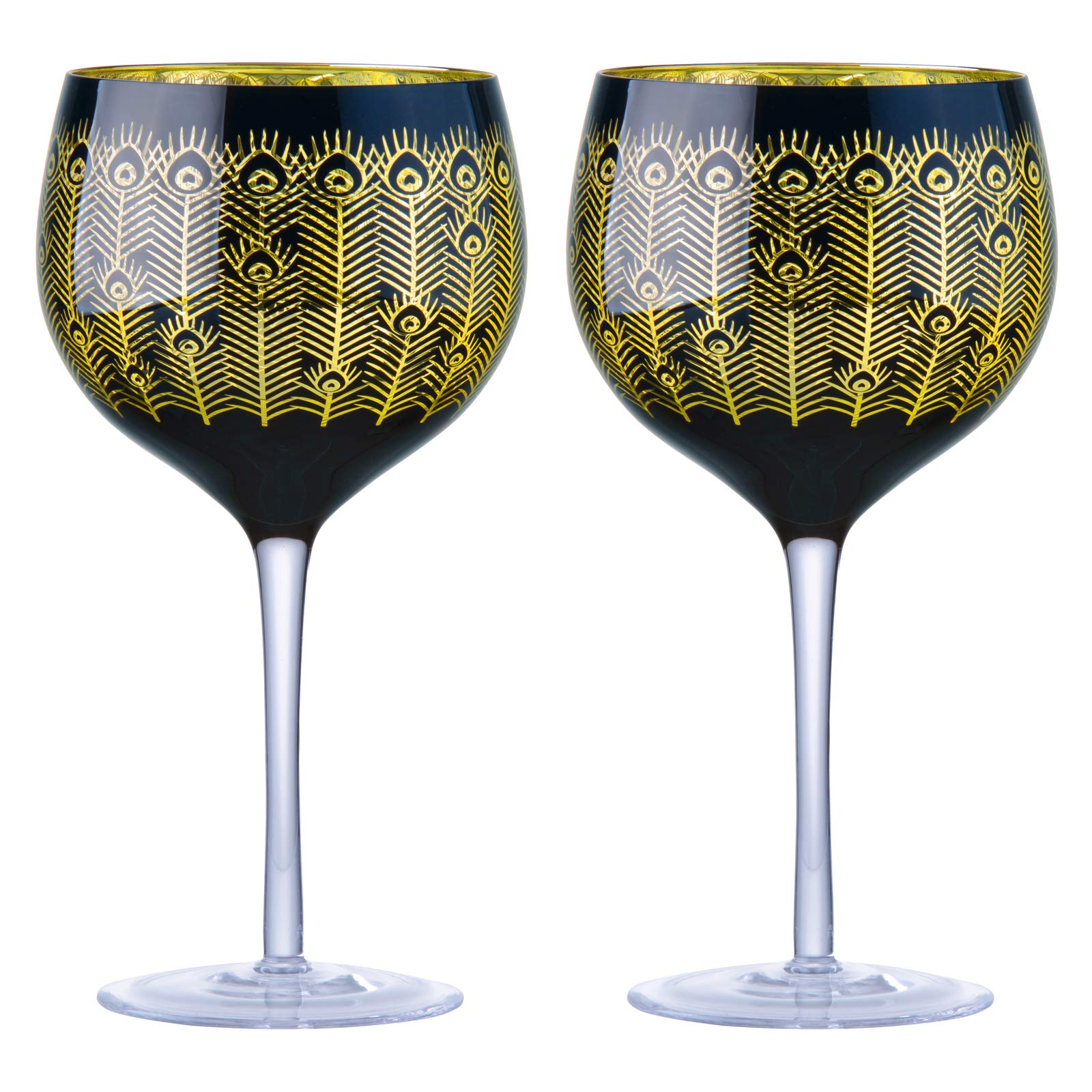 Artland - Midnight Peacock Gin Glasses - Gold & Black - Set of 2-700ml Capacity Per Glass - Detailed and Elegant Gold & Black Feather Design, Perfect Home Bar Addition