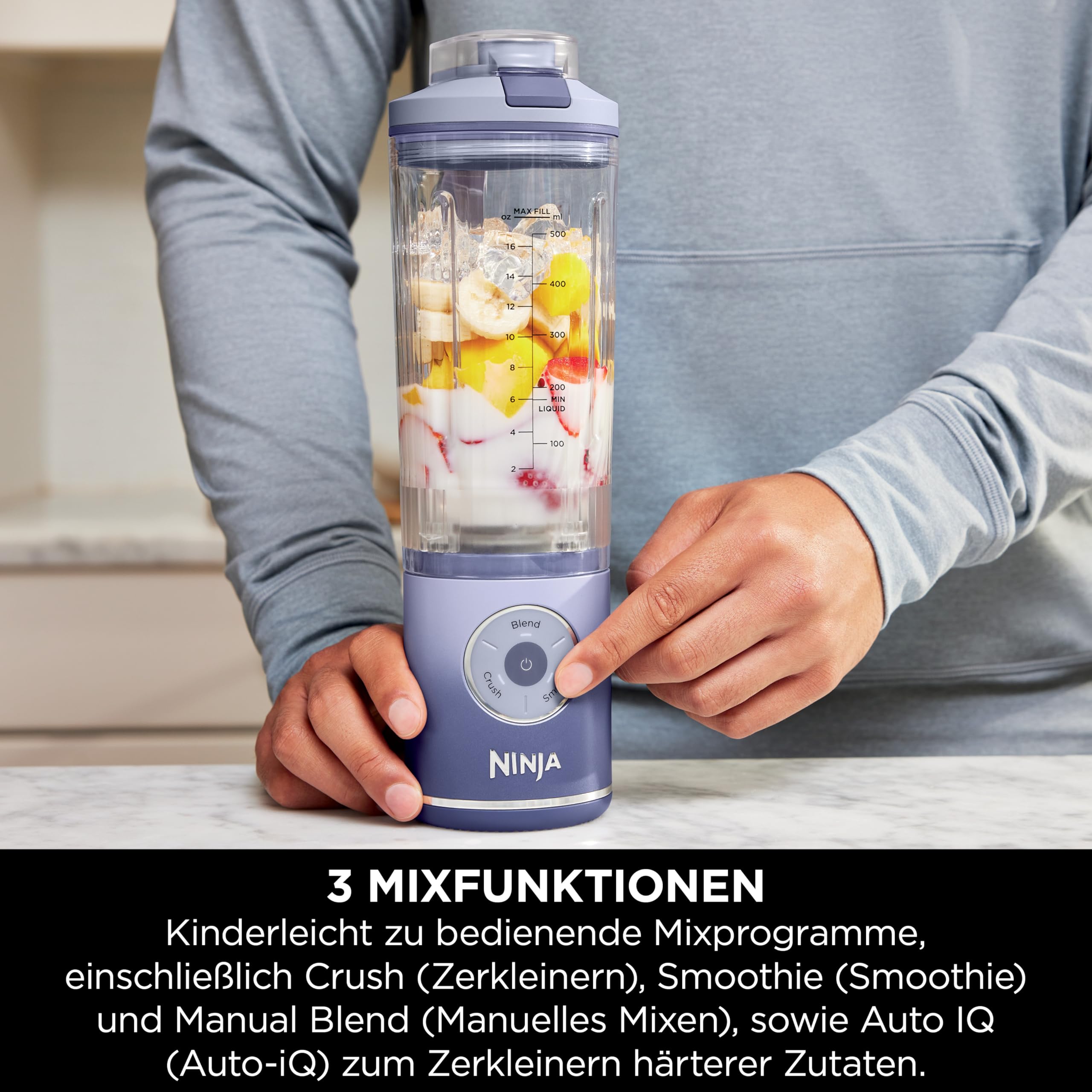 Ninja Blast Max Tragbarer Mixer/Blender/Smoothie Maker, 2 x 570 ml, wiederaufladbar, Mixbecher & auslaufsicherer Deckel, 3 Funktionen, Smoothies, Proteinshakes, Lavendel/Silber BC251EULS 4