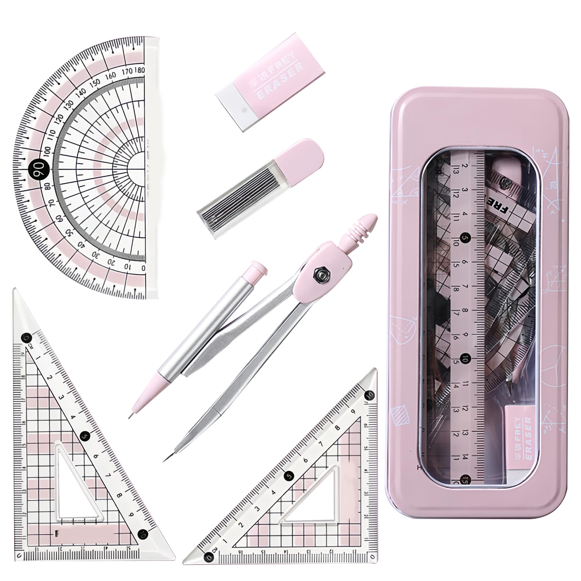 7 Pcs Maths Set, Maths Sets For Secondary School, Compass Maths - Protractor And Compass Set For Students' Mathematics Teaching And Learning Drawing Geometric Figures Kids Stationery Gifts (Pink)