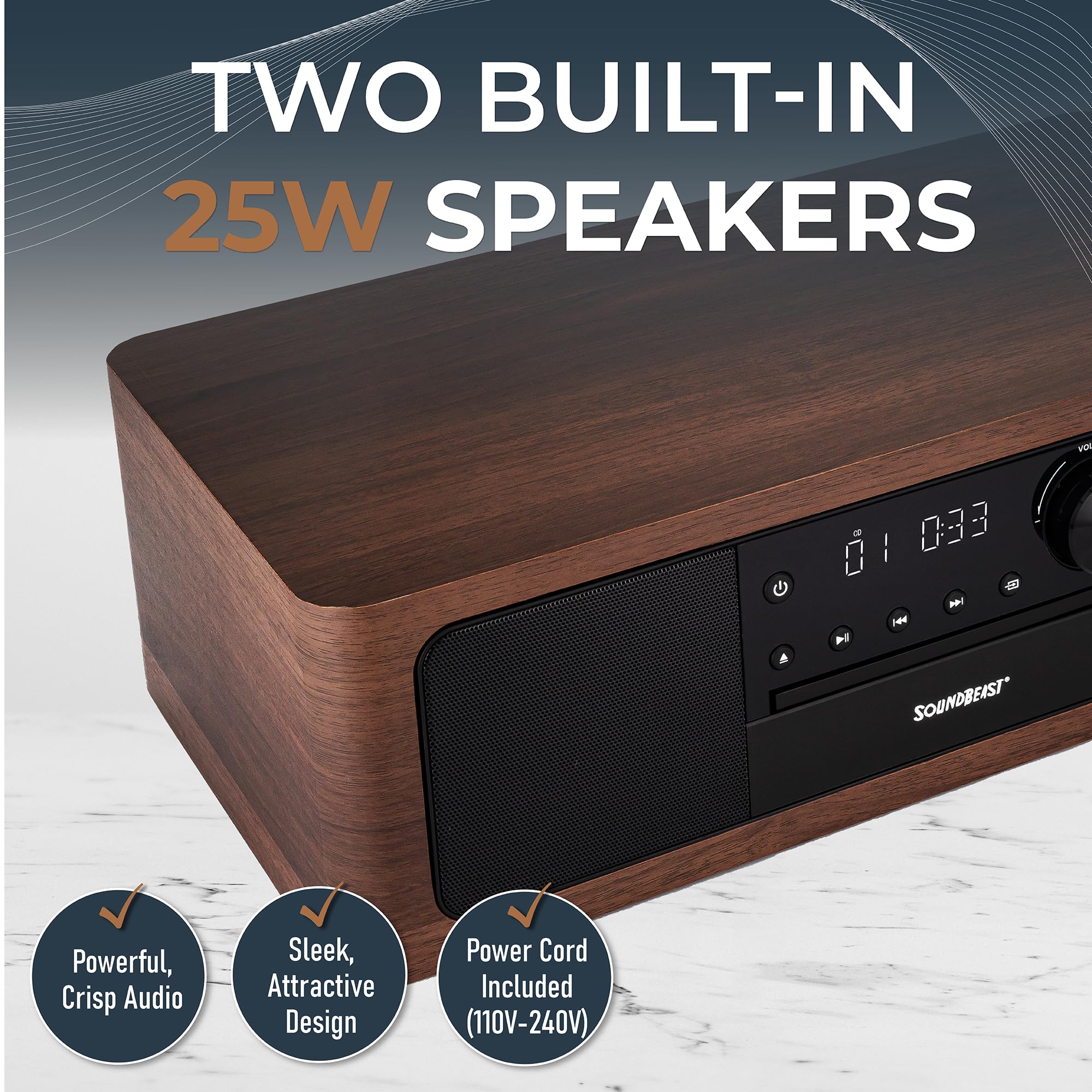 SoundBeast Stereo Shelf System with CD Player, Bluetooth, FM Radio, USB Playback, Aux in, Optical in, Alarm Clock, & Remote Control