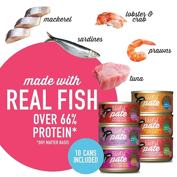 TIKI CAT GRILL PÂTÉ VARIETY PACK, COMBINATIONS OF REAL FLAKED FISH, WET HIGH-PROTEIN & HIGH-MOISTURE CAT FOOD, 2.8 OZ. CANS (PACK OF 12)