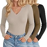 Oakgarden 3 Pack Women's Ribbed Deep V Neck Shirts Long Sleeve Knit Slim Fit Casual Base Layer Soft Undershirts Blouses Tops