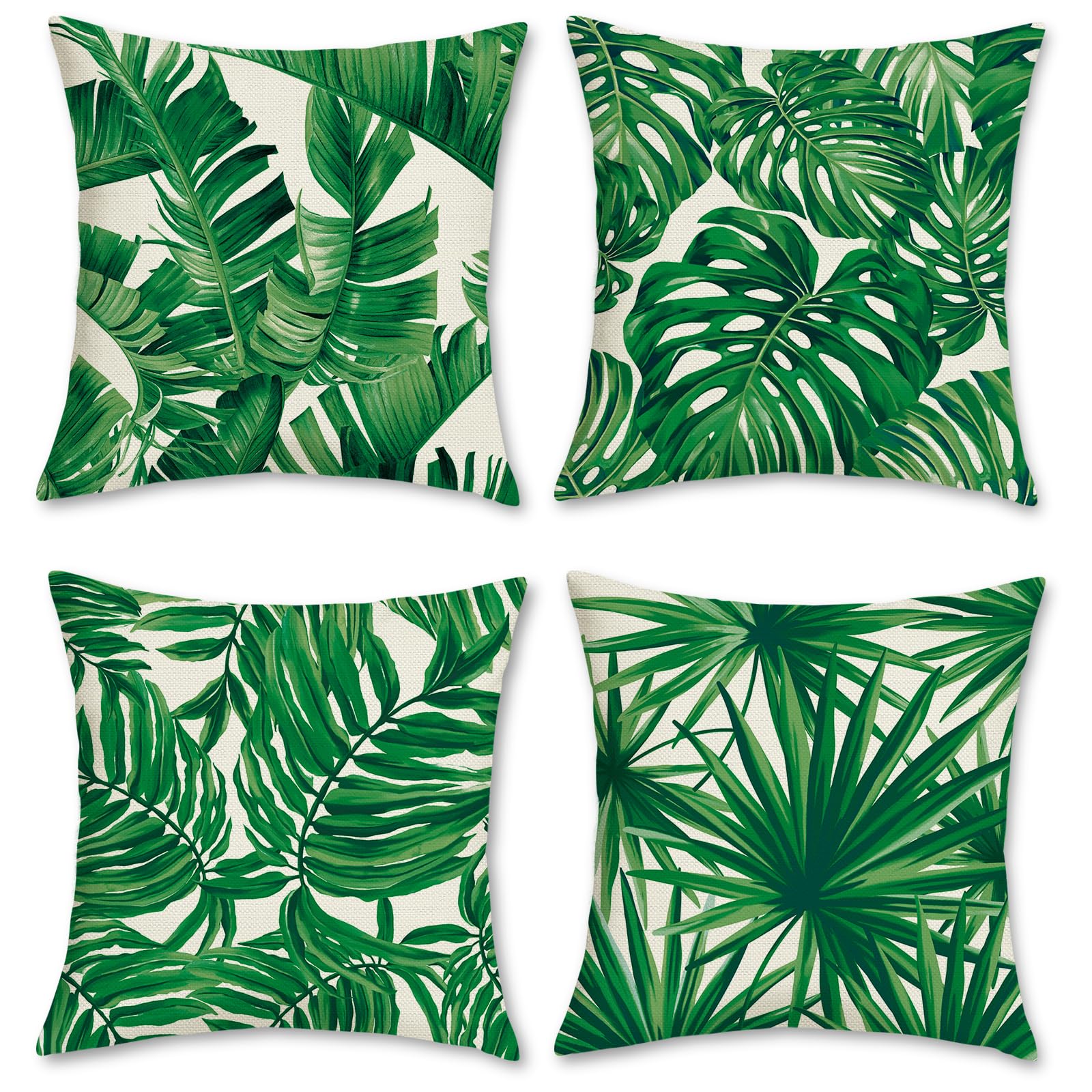Bonhause Tropical Leaves Cushion Covers 45 x 45 cm Palm Leaf Decorative Throw Pillow Covers Polyester Linen Pillowcases for Sofa Bed Indoor Outdoor Decor Set of 4