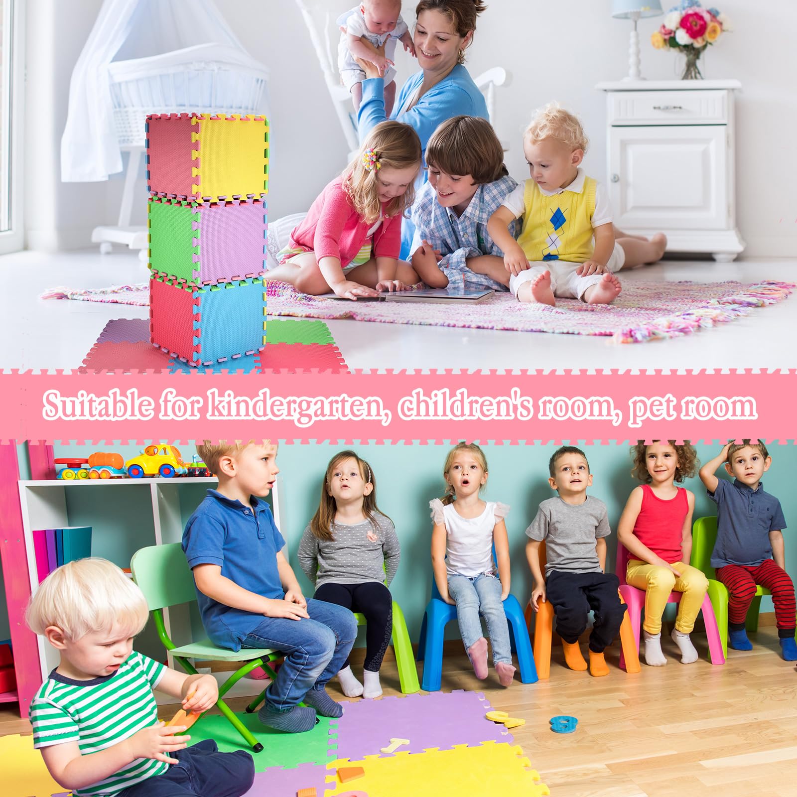 Nuanchu 60 Pcs Kids Foam Puzzle Floor Mat Bulk Solid Color Foam Play Mat with Borders Interlocking Multi Use Floor Rug for Baby Toddler Children Crawling Exercise Playroom 12 inch (Colorful)
