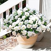HyeFlora Artificial Fake Flowers Plants for Outdoor Outside Spring Decoration, Faux Silk White Camellia UV Resistant Realistic for Front Door Porch Planter Pot Patio Balcony, 3 Large Bundles