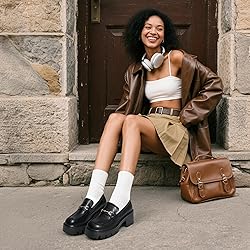 Women Loafers Platform Chunky Heel Slip On Lug Sole