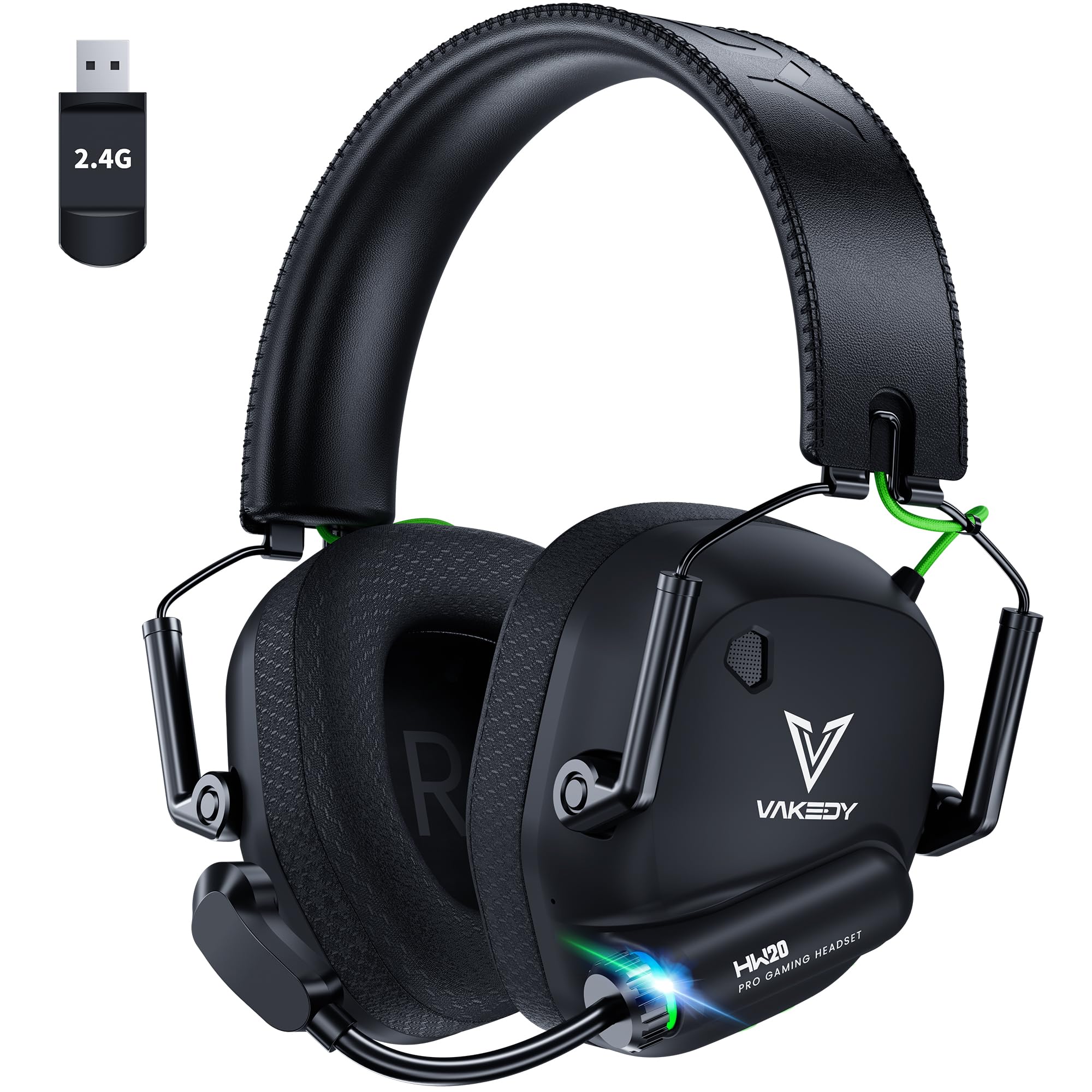 Vakedy Wireless Gaming Headset for PC, PS5, PS4, Mac, Switch, 2.4GHz USB Dongle Headphones with Mic, Bluetooth 5.4, 50mm Driver, Stereo Sound, Cool Lighting, 50H Battery-Black/Green