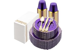 Bestluck 350PCS Clear Purple Plastic Plates for 50 Guests, Disposable Plates with Gold Trim include 50 Dinner Plates, 50 Dessert Plates, 150 Gold Silverware, 50 Cups, 50 Napkins for Party, Wedding