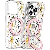 Loheckle for iPhone 15 Pro Max Case with Stand- Compatible with MagSafe Women Girls Cute Clear Aesthetic Unique Design Soft TPU Magnetic Ring Phone Cover for Apple 15 Promax, Flower Bear