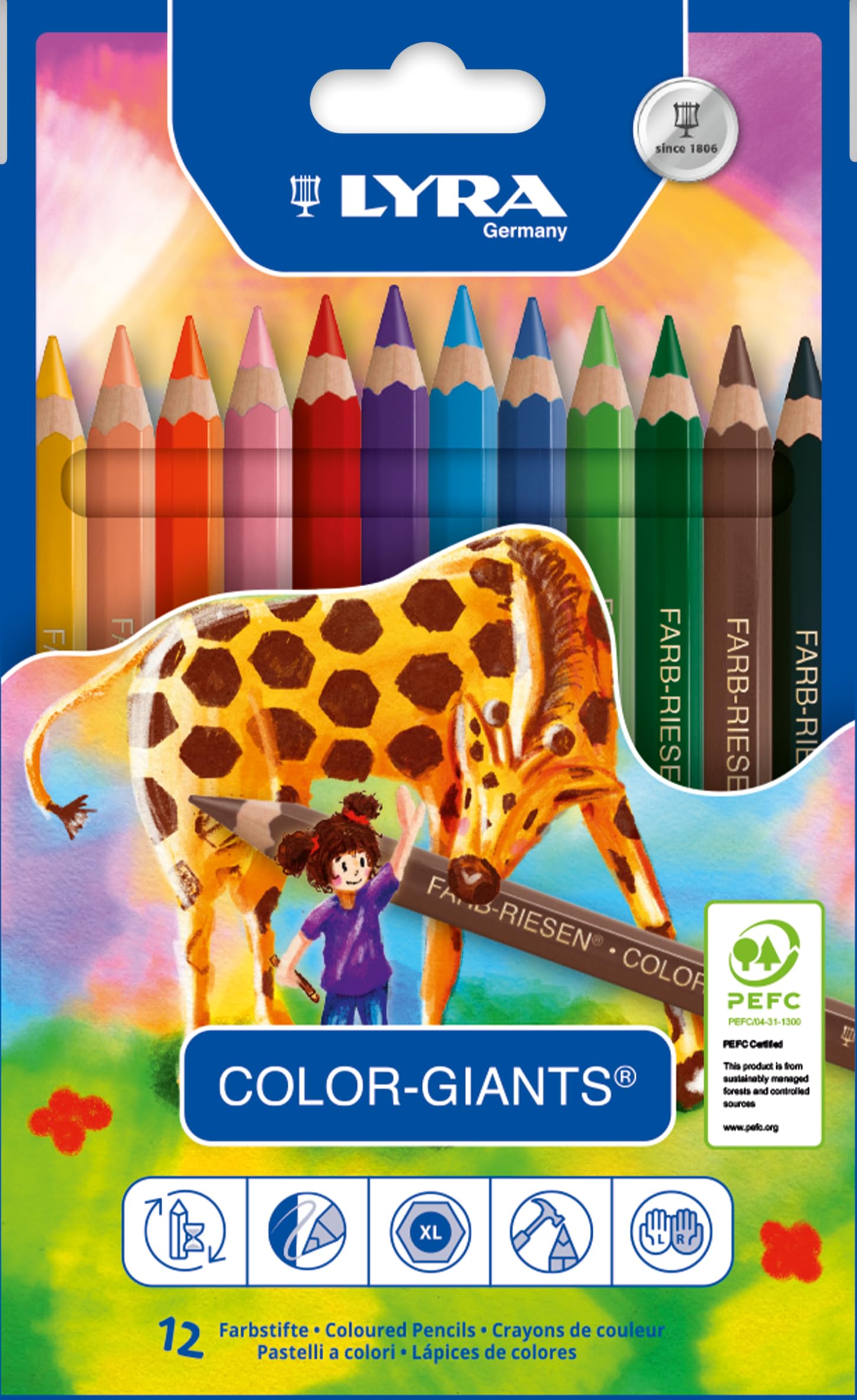 LYRA Color Giants Wooden Large Colouring Pencils, 12 Assorted Colours, Ideal for Children & Schools