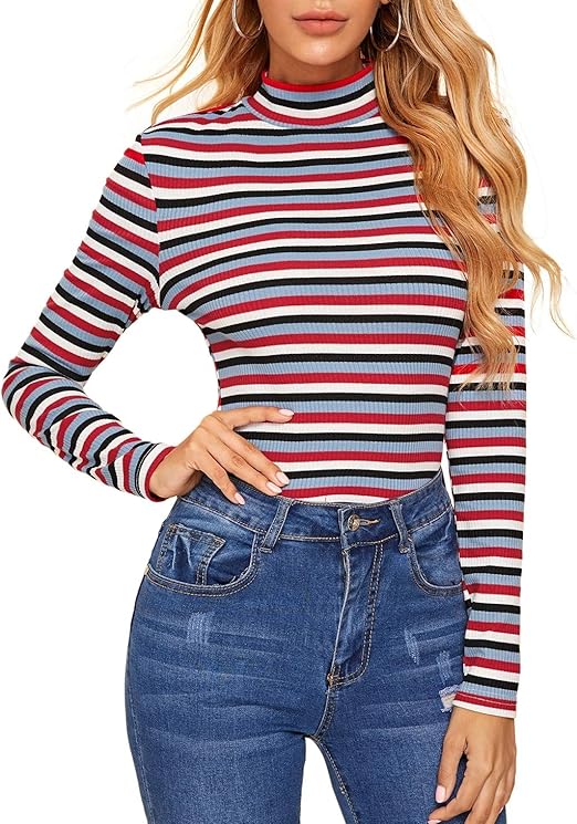 Amazon Co Jp Romwe トップス カットソー レディース 長袖 ボーダー 長袖tシャツ ハイネック 丸首 インナーシャツ スリム 無地 着痩せ ストレッチ 通気性 シンプル カジュアル 春 秋 冬 Mサイズ 服 ファッション小物