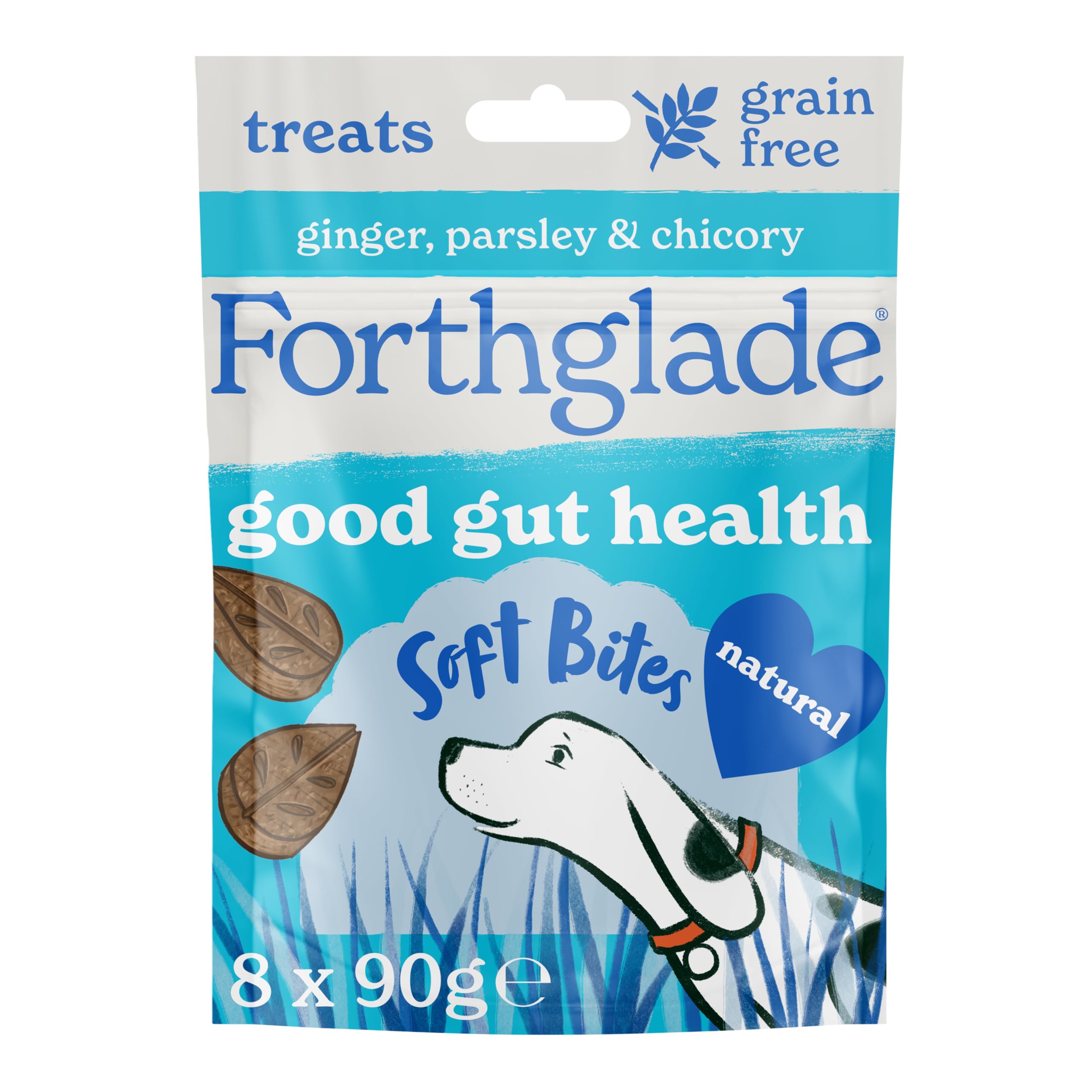 Forthglade Natural Dog Treats (8 x 90g Bags) - Hypoallergenic & Grain Free Dog Treats with Chicken, Ginger, Parsley & Chicory, Soft Bites for Good Gut Health, Resealable Bags