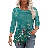 OFEEFAN Womens Tops 3/4 Length Sleeve Blouses Dressy Casual Spring Summer Fall Outfits Pleated Front T Shirts Curved Hem