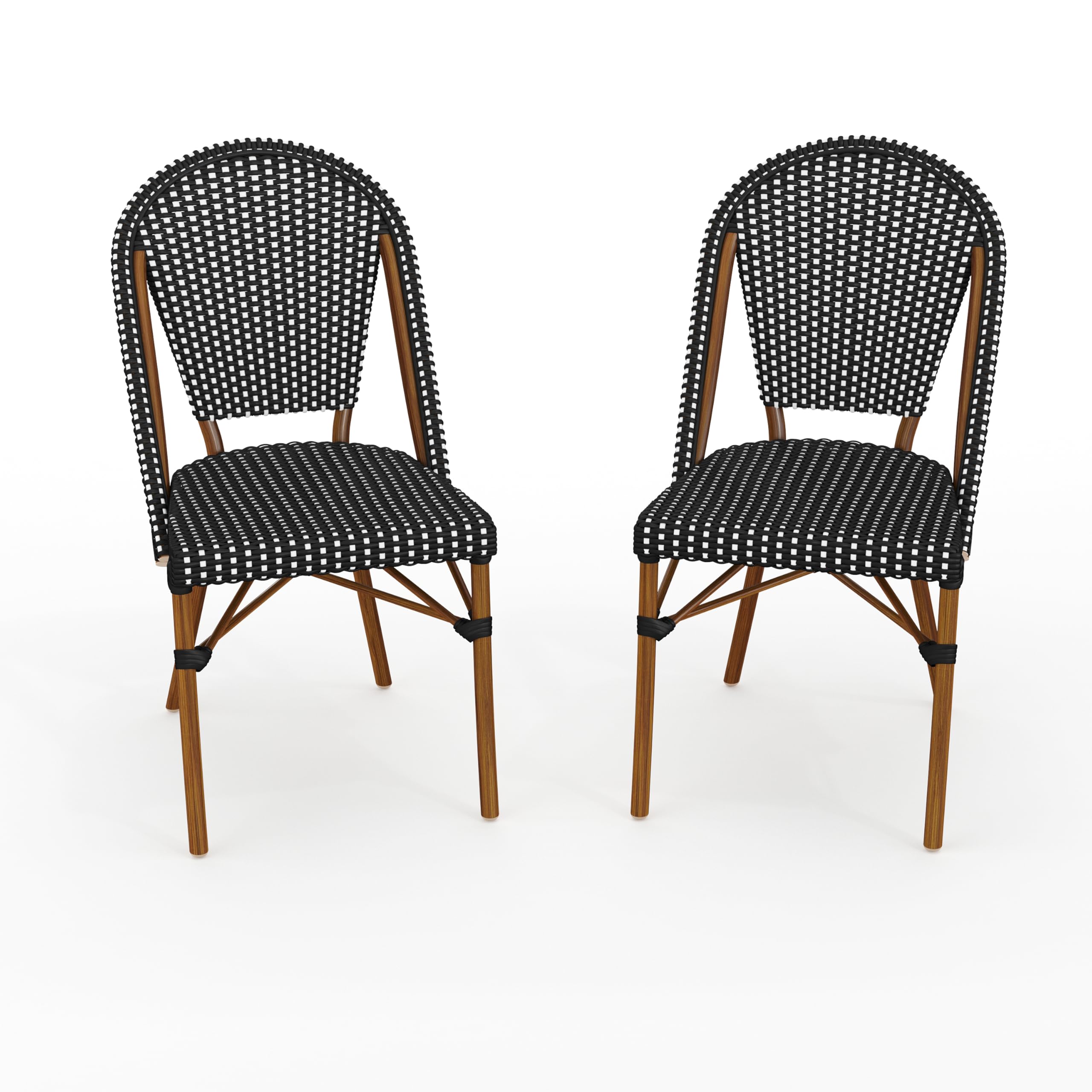 Martha Stewart Lily Pond Indoor-Outdoor Stackable Bistro Chairs with Natural Woodgrain Aluminum Frame Finish, Black/White Woven Rattan Backrests/Seats, Set of 2