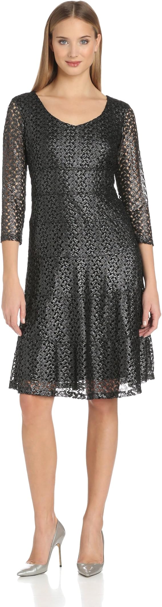 Anne Klein Women's ThreeQuarter Sleeve FitandFlare Dress, Gunmetal