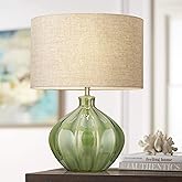 360 Lighting Gordy Modern Accent Table Lamp Handcrafted 20.5" High Ribbed Green Ceramic Oatmeal Fabric Drum Shade Cottage Cor