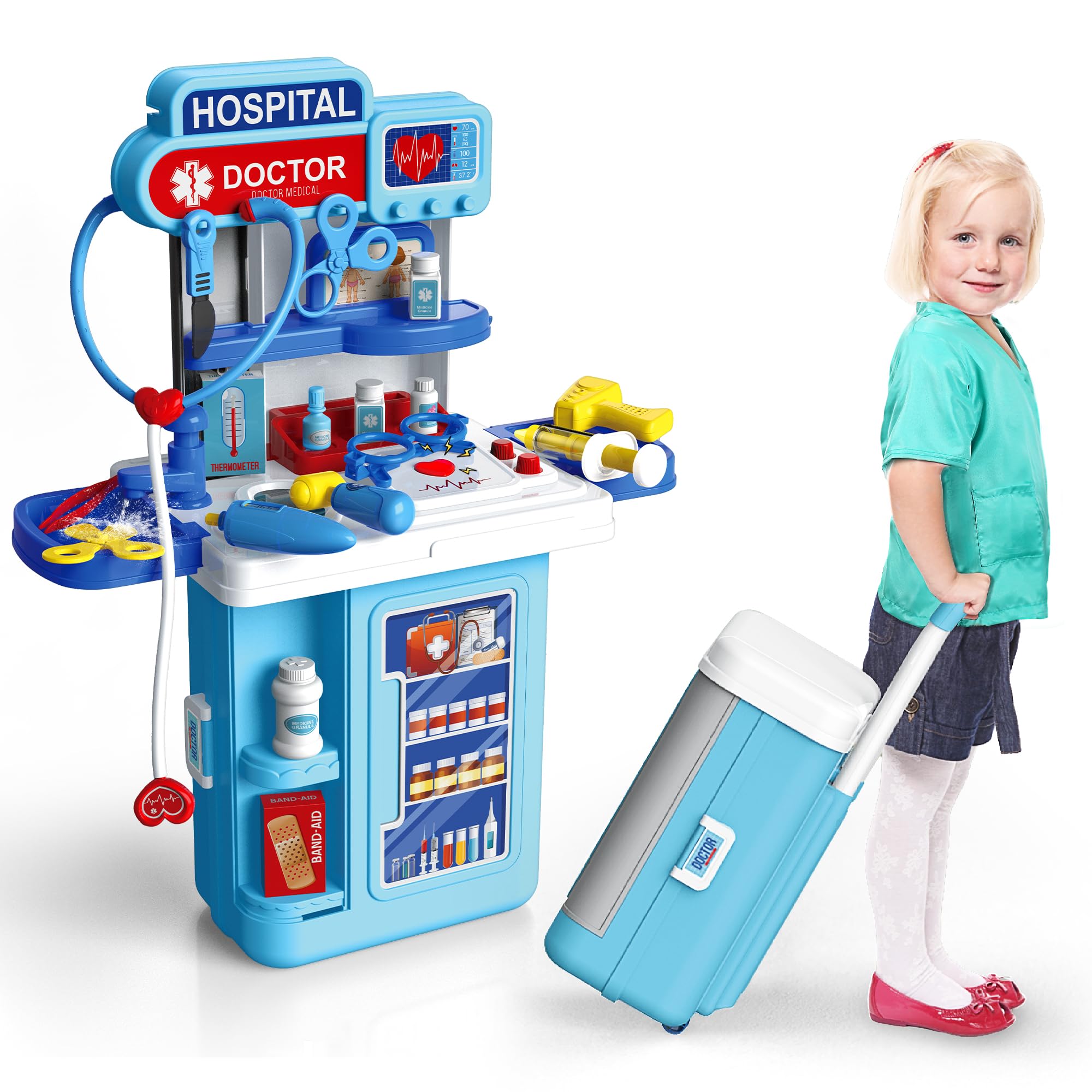 Photo 1 of Doctor Kit for Kids 3-5, Pretend Doctor Playset for Toddlers with Costume and Stethoscope, 34 Pcs with Realistic Light & Sound Effects, Pretend Mobile Medical Station, Role Play Medical Toy