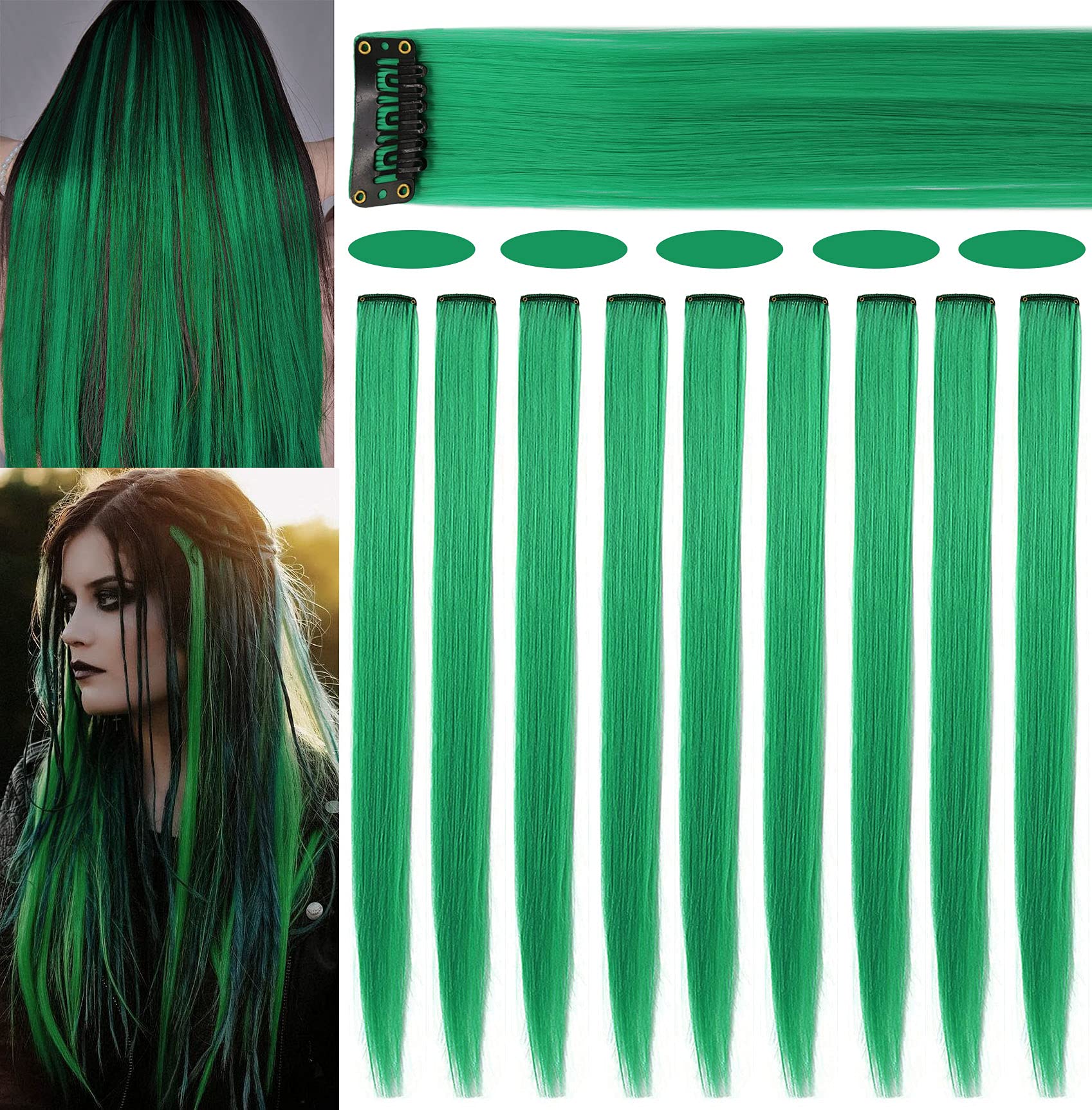 Rhyme 9PCS 21" Colored Clip in Hair Extensions Green Hair Extensions for Woman Girls Clip in Hair Clips for Girls Party Highlights (Green)