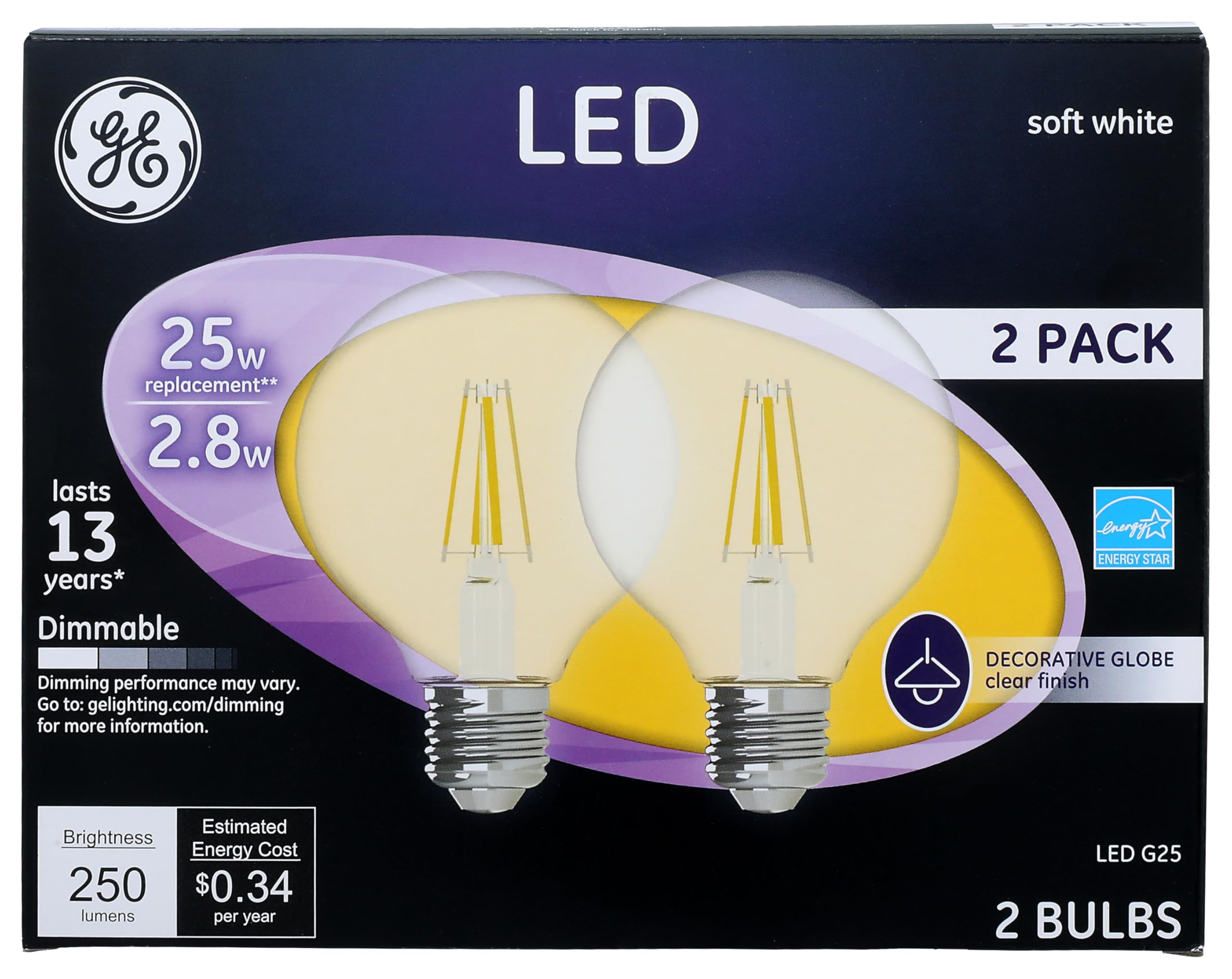 Photo 1 of GE LED Light Bulbs, 25 Watt, Soft White, G25 Globe Bulbs, Clear, Medium Base (2 Pack)