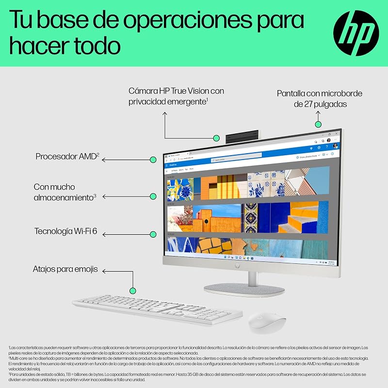 All-in-One 27-cr0007ss - Ordenador de sobremesa 27" Full HD con cámara, Teclado y ratón inalámbricos (AMD Ryzen 5 7520U, 16GB RAM, 512GB SSD, Windows 11 Home) Blanco