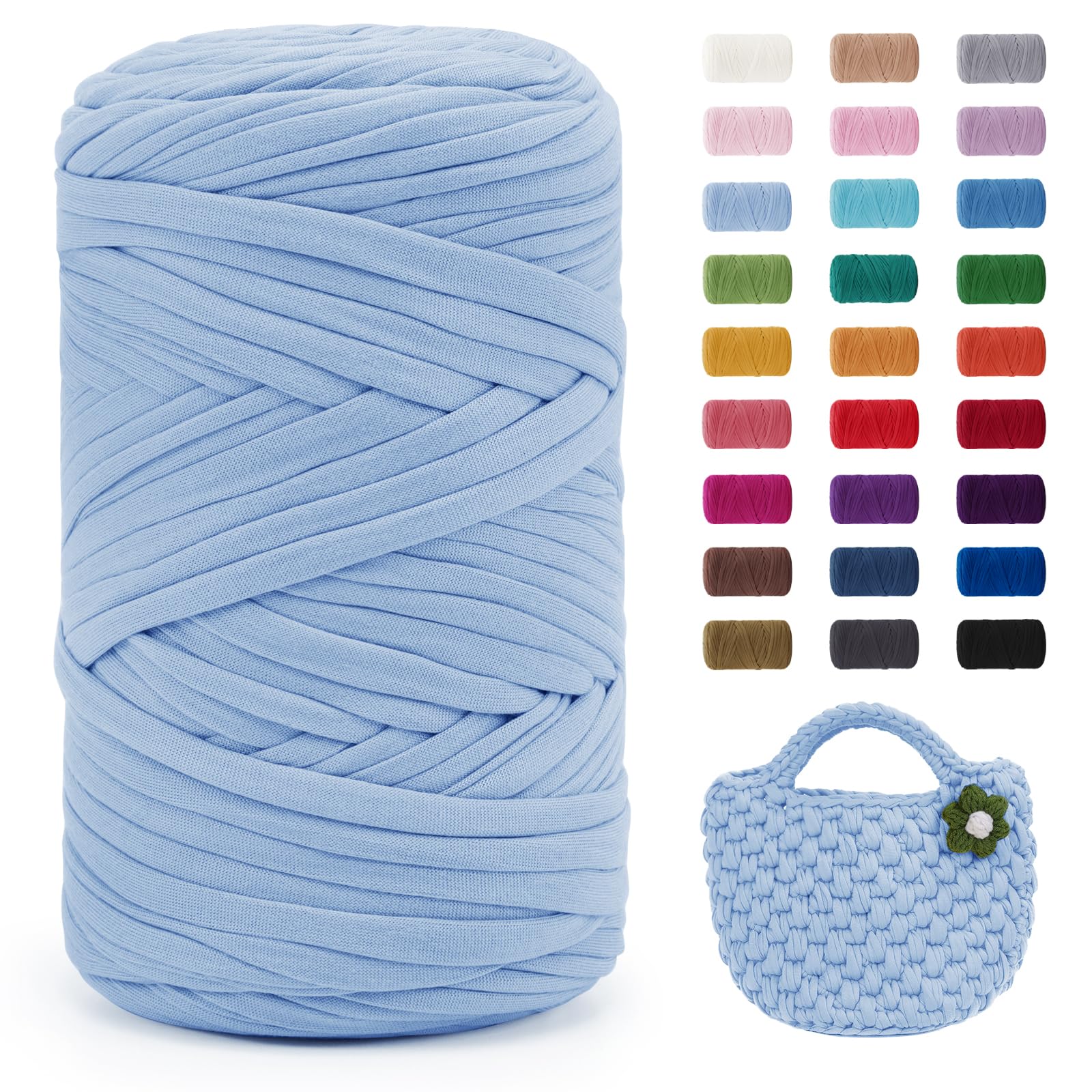 Uiopa Light Blue T-Shirt Yarn, 400g/120m Elastic Fabric Crochet Cloth T Shirt Yarn, Chunky Hand Knitting Polyester Ribbon for Crocheting Bags/Baskets/Rugs, Home Decor, DIY Crafts
