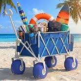 Beach Wagon with Big Wheels for Sand, Heavy Duty 350lbs Folding Beach Wagon with 10.5" All-Terrain Inflatable Wheels, Utility Cart for Camping, Outdoor Shopping, Garden &amp; Sports, Includes Air Pump