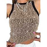 Haoohu Women's Sparkly Sequin Sleeveless Tank Top Camisole Round Neck Rave Tank Vest Party Shirt Clubwear