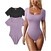 OQQ Women's 2 Piece Bodysuits Sexy Ribbed One Piece Square Neck Short Sleeve Bodysuits