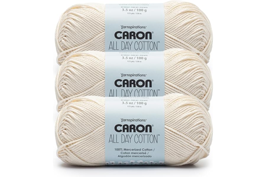 Caron All Day Cotton - 3 Pack of 173 Yards/3.52 oz Cream 100% Mercerized Cotton Yarn