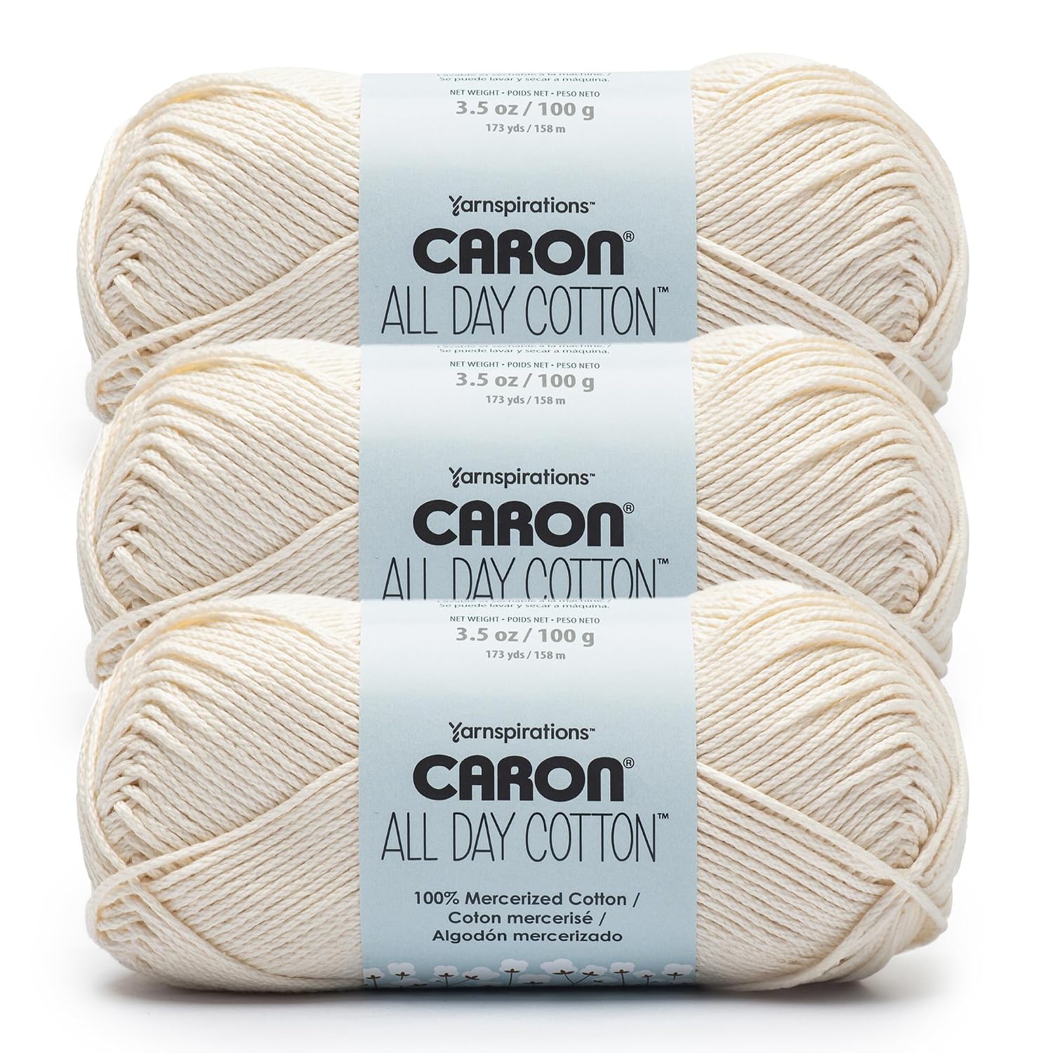 Caron All Day Cotton, Cream 3-pack