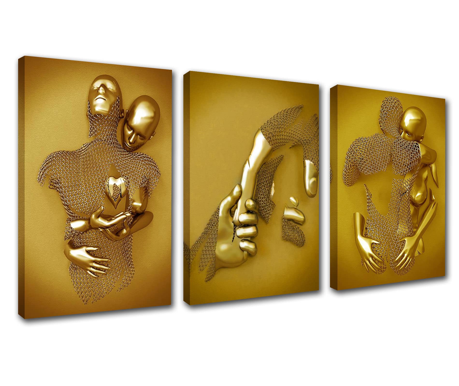 Couple Hugging Canvas Wall Decor Modern Gold Metal Figure Pictures 3 Pieces Hold Your Heart Tight Artwork Hold Hands Home Decor for Living Room Wooden Framed Gallery-wrapped Ready to Hang 48''Wx24''H — image 1