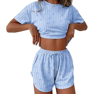 Ekouaer Womens Pajama Sets Y2K Stripe Knit Pjs 2 Piece Sexy Side Split Shorts Loungewear Set