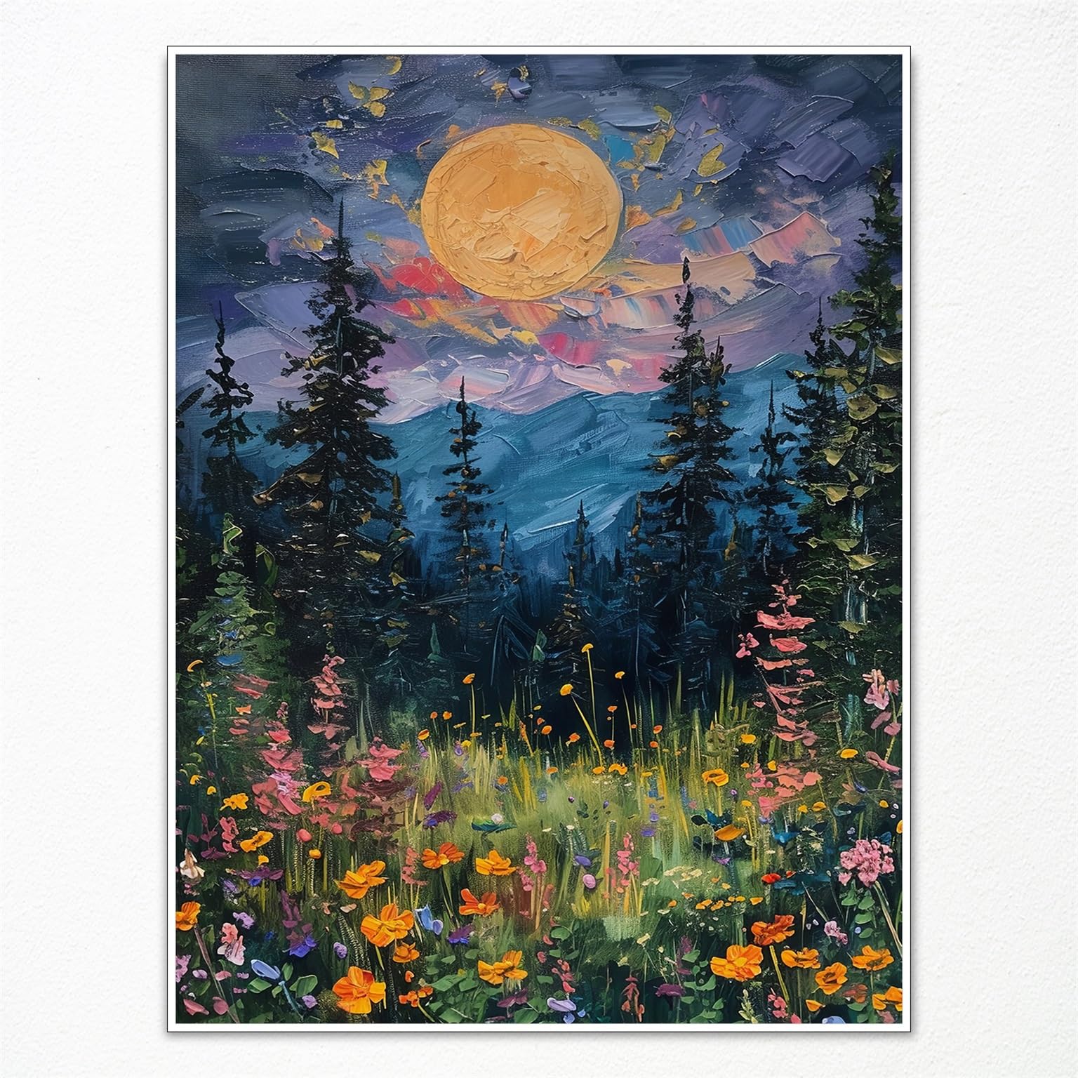 Anslipswar Vintage Full Moon Above The Wildflowers Canvas Wall Art, Mystical Midnight Woodland Art Print Poster, Retro Flowers and Trees Nature Oil Painting, Dark Forest Landscape 12x16in Unframed