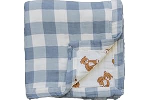 Mebie Baby Muslin Quilt, Dusty Blue Gingham Teddy Bear, 100% Cotton Baby Blanket for Girls & Boys, Newborns to Toddler, Soft Swaddle Blanket, 47"x47"