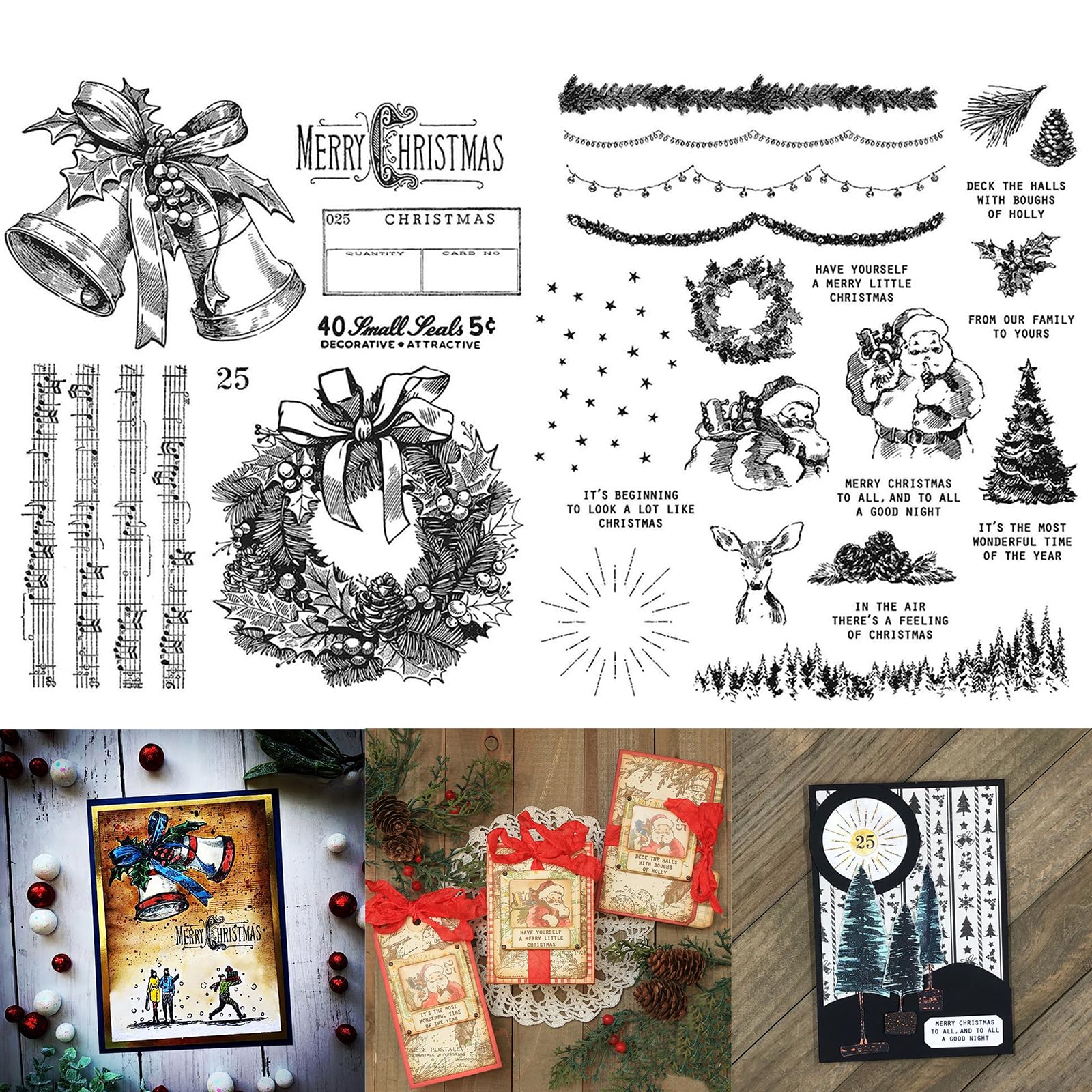 Briartw 2pcs Xmas Clear Stamp for Cards Making,Merry Christmas Santa Claus Holly Wreath Jingle Bell Happy New Year Winter Wishes for DIY Scrapbooking Embossing Decoration Craft Gift Card Album