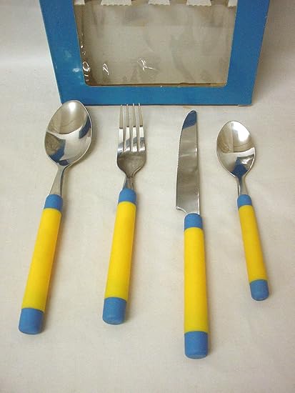 CUBERTERIA 24 CUBIERTOS CUCHARA TENEDOR CUCHILLO CUCHARILLA REDONDA AMARILLO AZUL