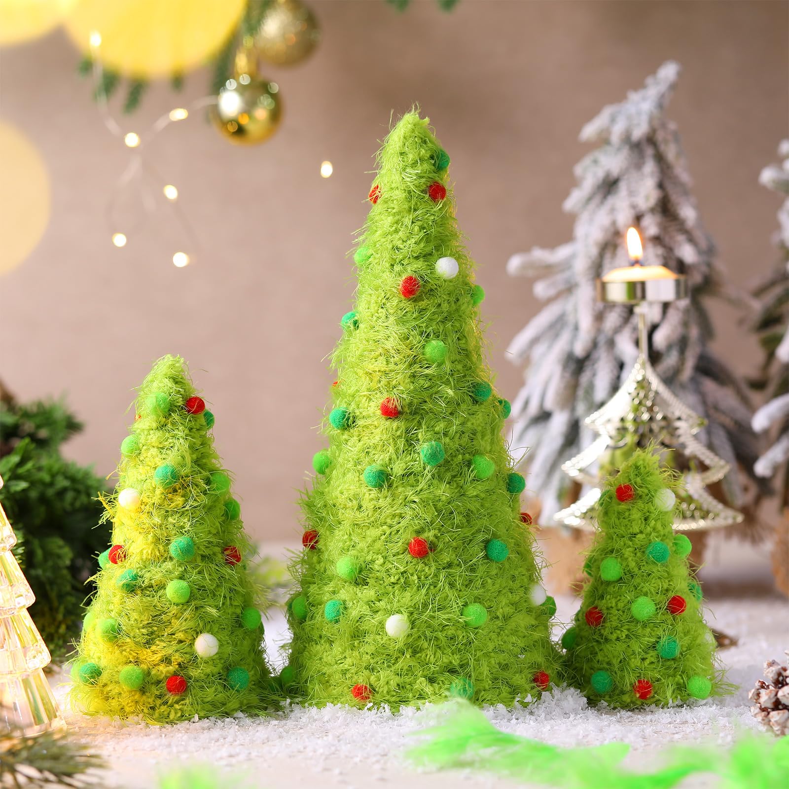 Photo 1 of Fullhawl 3 Pcs Christmas Table Decorations Lime Green Furry Christmas Tree Yarn Centerpiece Artificial Plush Fur Fluffy Spot Surface Cone Table Signs Xmas Party Decor (Green,Multiple Size)